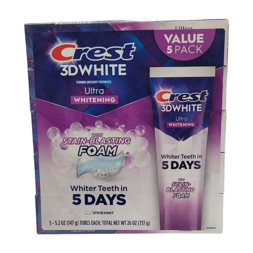 Crest 3D White Vivid Mint Ultra Whitening Toothpaste, 5.2 oz., 5 pk.